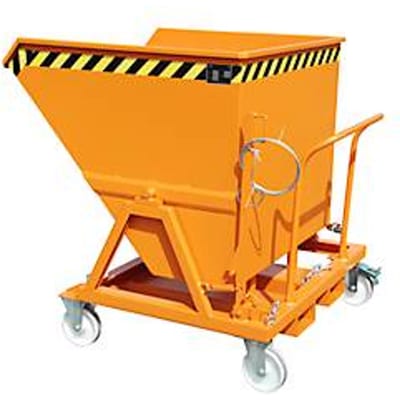Snippergoot Bauer SKS 700, staal, oranje, B 1345 x D 1200 x H 1275 mm, 700 l, tot 1000 kg, rollen, aftapkraan, handmatige kiepinrichting