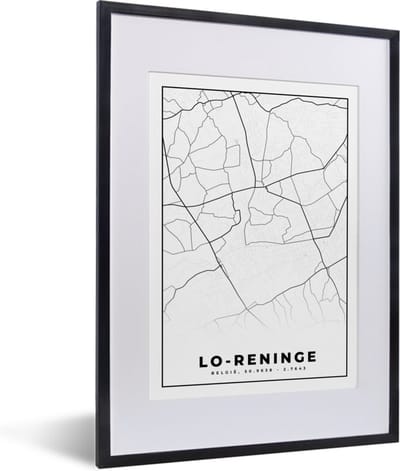Fotolijst incl. Poster Zwart Wit- Stadskaart – Plattegrond – België – Zwart Wit – Lo Reninge – Kaart - 30x40 cm - Posterlijst