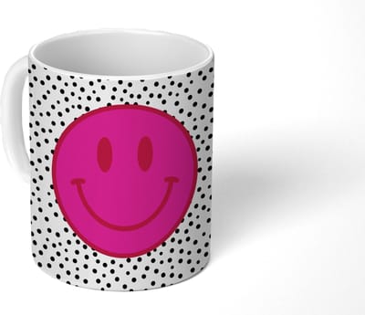 Mok - Koffiemok - Smiley - Roze - Stippen - Mokken - 350 ML - Beker - Koffiemokken - Theemok