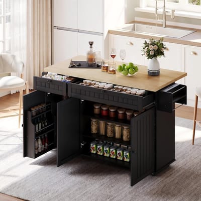 Sweiko Dressoir - Keukeneiland - Opklapbaar tafelblad - Verstelbare planken - 2 lades - Zwart