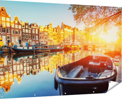 Gards Tuinposter Amsterdamse Brug - Gracht - met Bloemen - 180x120 cm - Tuindoek - Tuindecoratie - Wanddecoratie buiten - Tuinschilderij