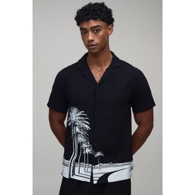 Regular Fit Overhemd Met Contrasterende Palmbomenprint | Black | Size XS
