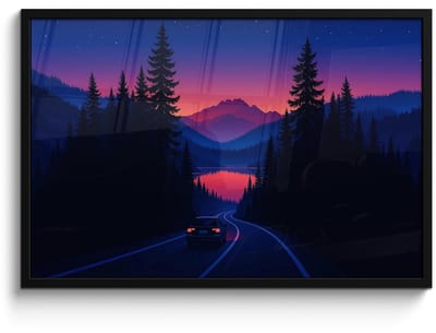 Poster in lijst - Fotolijst 90x60 cm - Posters - Auto - Donkere dennenbomen - Zonsondergang - Posterlijst zwart - Decoratie - Wanddecoratie woonkamer - Muurdecoratie slaapkamer