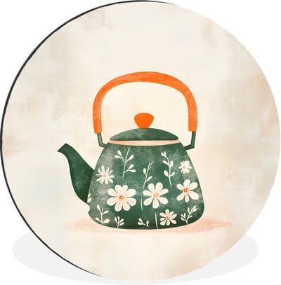 WallCircle - Wandcirkel - Muurcirkel - Theepot - Groen - Bloemen - Oranje - Aluminium - Dibond - 30x30 cm - Binnen en Buiten