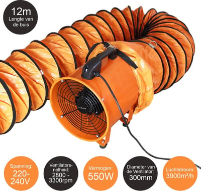 MAXBLAST 550 W Professionele Ventilator + 12 meter opvouwbare slang - Ø 300 mm - 550 W - afzuiger stofafzuiging