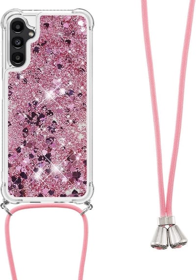 Coverup Hoesje - Geschikt voor Samsung Galaxy A14 Hoesje - Coverup Liquid Glitter Back Cover met Koord - Rose Gold
