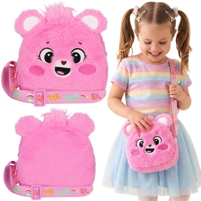 Care Bears Pluche handtasje met ritssluiting voor meisjes, klein handtasje met riem, roze 15x15x4cm