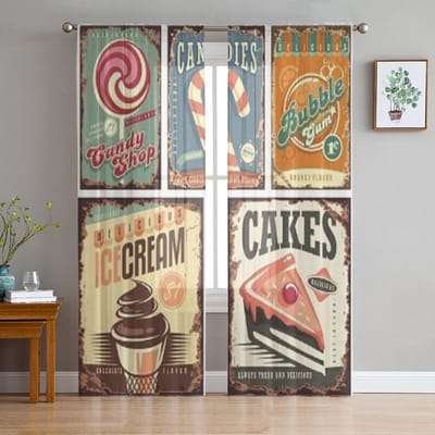 Vintage Snoepwinkel Collectie Van Blikken Borden Transparante Gordijnen voor Woonkamer Tule Raamgordijn Slaapkamer Keuken Sluier Draperieën 135W x 114H(cm) brown