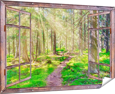 Gards Tuinposter Doorkijk Pad in Bos met Zon tussen de Bomen - 180x120 cm - Tuindoek - Tuindecoratie - Wanddecoratie buiten - Tuinschilderij