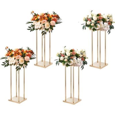 4 Pièces Colonne Métallique Dorée Support de Fleurs de Mariage, 23,6 pouces / 60 cm de Haut avec Stratifié Métallique, Supports de Centre de Table Géométriques pour Vase, Présentoir Floral Cylindrique