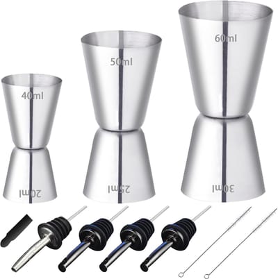 Set van 3 Roestvrijstalen Cocktail Maatbekers Jigger met Dubbele Maatvoering en Schenktuiten