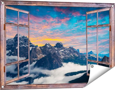 Gards Tuinposter Doorkijk Bergen Landschap met Wolken in Italië - 90x60 cm - Tuindoek - Tuindecoratie - Wanddecoratie buiten - Tuinschilderij