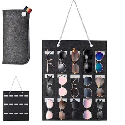 Hanging Sunglasses Organizer with 15 Compartments - Wall-Mounted Dustproof Storage
