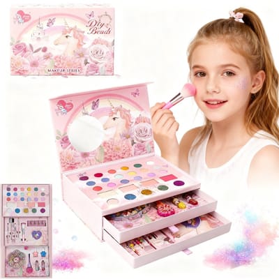 Make up meisje - 3-in-1 Kinder Make-up Set & DIY Kralen Juwelendoos-Make up Doos Meisjes - Inclusief DIY Sieraden Kralen & Kwasten – Afwasbare Kinder Make-up Cadeauset met Spiegel & Opbergkoffer