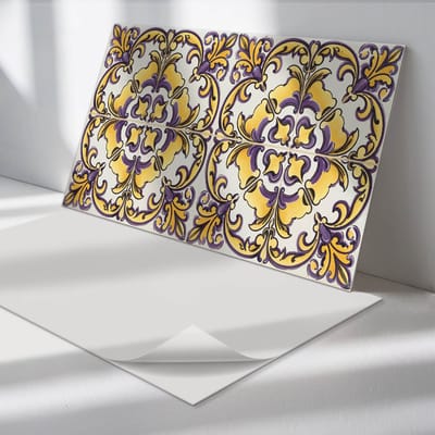 Wallfluent Vinyl Wandpaneel - Bloemenkeramiekpatroon PVC Muurpaneel - 100 cm x 50 cm - Geel PVC wandpaneel - 1 stuk - Rechthoekig Wandbekleding Vinyl - Texturen Wandpaneel - Zelfklevende Wandbekleding - Wandpaneel Keuken en Badkamer