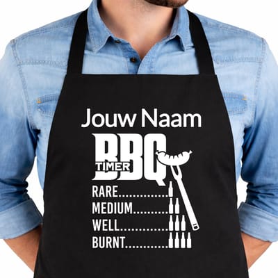 Keukenschort BBQ Timer - Gepersonaliseerd Met Jouw Naam - 65x90cm - 100% katoen - Schort - Keukenschorten - Verjaardags cadeau - BBQ - Vaderdag - Moederdag cadeau
