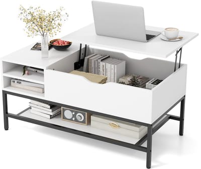 COSTWAY Salontafel met opklapbare plaat, in hoogte verstelbaar, woonkamertafel met verborgen opbergvak en uitneembare plank, uittrekbare banktafel voor thuis, kantoor (wit)