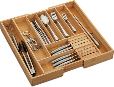 bestekbak bamboe - 5,5 x 45 x 44,5 cm - uitschuifbaar - 7-9 vakken - 2 messenblokken