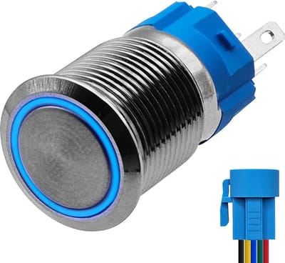 ProRide Metalen Drukschakelaar 220V ON-OFF - 16mm - Aan/uit schakelaar met Aansluitkabel - Spatwaterdicht - LED Indicatie Blauw