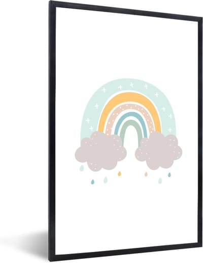 Poster in lijst voor kinderen - Kids wanddecoratie - Schilderij kinderen - Regenboog - Wolken - Regen - Kinderen - Pastel - 40x60 cm