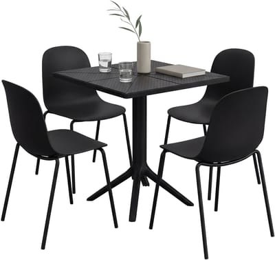 CLP Nerra tuinmeubelset - 4 stapelstoelen - vierkante tafel - weerbestendige balkonset - voor terras en tuin - zwart