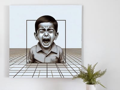 Modern huilend kind schilderij | Emotionele expressie van een eigentijdse huilende jonge kunstenaar in tranen | Kunst - 20x20 centimeter op Dibond | Foto op Dibond
