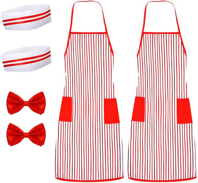 Dailygoods- Kostuumset 6 Stuks - Rood/Wit Gestreepte Schort - Koksmuts - Vlinderdas - Volwassenen - Polyester Doek - Carnavalskostuum