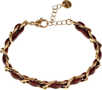 19cm tot 23cm x 7,5mm Cubaanse Armband Dames - Verguld RVS - Schakelsarmband met Bruin Leer - Verstelbaar