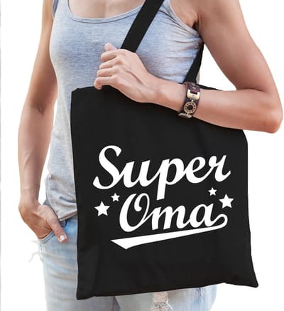 Cadeau tasje Super Oma - zwart - katoen - moederdag - verjaardag - bedankt
