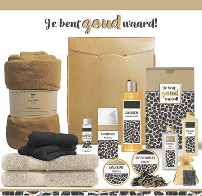 Geschenkset “Je bent goud waard!” - 13 producten - 1710 gram | Luxe Cadeaubox voor haar - Wellness Pakket Vrouw - Giftset Bedankt - Cadeaupakket - Collega Werknemer Relatie - Geschenk Moeder Moederdag - Kerstpakket Kerst Pakket Cadeau - Panter Zwart