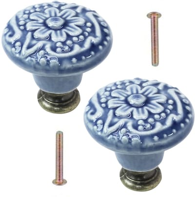 Meubelknoppen Set Grijsblauw Keramiek met Bloem - 2x ronde Kastknop met schroef - Vintage/Antiek handgreep voor deur en lade - Grijs/Blauw
