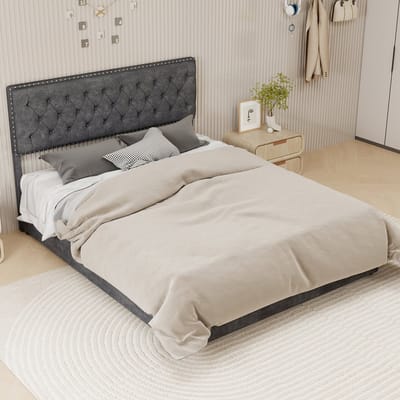 DESMIU Gestoffeerd Bed 160x200cm - Modern Hoofdbord Met Zachte Bekleding En Nieten - Hoog Bedframe Met Opbergruimte - Voor Slaapkamer - Stof En Metaal - Grijs - Zonder Matras