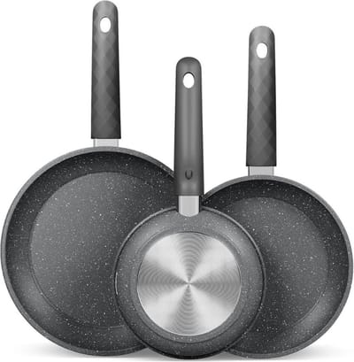 HOMELUX 3-delige Koekenpannenset Ø20/24/28 cm – Marmeren Antiaanbaklaag – Geschikt voor Inductie & Alle Warmtebronnen – PFAS-vrij – Stevige Pannen met Soft-Touch Handgreep – Grijs - Koekenpan - Pan - Pannen