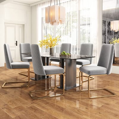Set van 6 Eetkamerstoelen - Velvet - Eetkamerstoel - Metalen Poten - Golvende textuur op de achterkant - Modern Design - Geschikt voor woonkamer en slaapkamer - Grijs