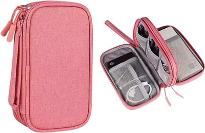 Kabel Organizer Reis Kabeltas met Dubbele Laag – Waterdichte Opbergtas voor Opladers, USB-Kabels en Elektronische Accessoires - Roze
