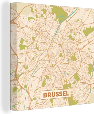 Canvas Schilderij Plattegrond - Retro - Brussel - Stadskaart - Kaart - 20x20 cm - Wanddecoratie