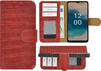 Geschikt voor Nokia G22 Hoesje - Bookcase - Nokia G22 Hoesje Book Case Wallet Echt Leer Croco Rood Cover