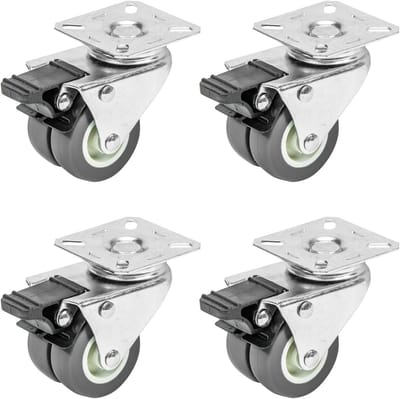 Set van 4 zware last dubbele wielen met rem | polyurethaan | 50 mm | 400 kg draagvermogen | grijs | soepel rijden | sterk remmen