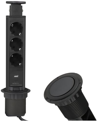 Design Light Liftbox - Stekkerdoos met 3 Stopcontacten - Verdeeldoos met USB A & C - Inbouw Stekkerblok met 1.8 meter kabel - Zwart