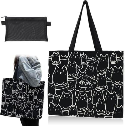 Elegante Vissende Kat Tas voor Vrouwen - Grote Capaciteit Canvas Tas voor Strand en School met Rits, Zwart