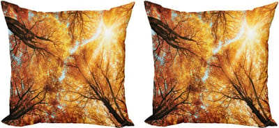 ABAKUHAUS Decoratieve kussenhoes met boommotief, 2 stuks, Herfstzon en bos, 45x45 cm, Oranje, Geel, Donkerbruin