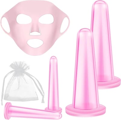 Cupping Set van Silicoon, 4-delige Set voor Gezichtsmassage, Inclusief Silicone Gezichtsmasker, Nek- en Oogmassage, Verbeter Bloedcirculatie en Huidverzorging