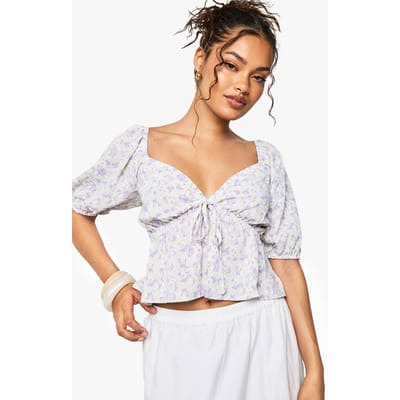 boohoo Dames Geweven bloemenprint smocktop met pofmouwen | Lilac | Maat: XS
