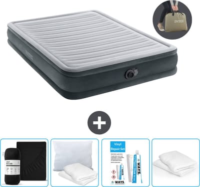 Intex Luchtbed - 2-Persoons - 152 x 203 x 33 cm - Grijs - Inclusief pomp - Hoeslaken - Kussen - Reparatieset en Kussenbeschermer