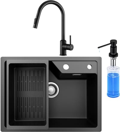 Sofetiy Max Granieten Spoelbakken (65*45cm) Zwart - Spoelbak Keuken Met Keukenkraan en zeepdispenser - Wasbak Keuken Met Waterafvoersysteem en Wasbak Vergiet