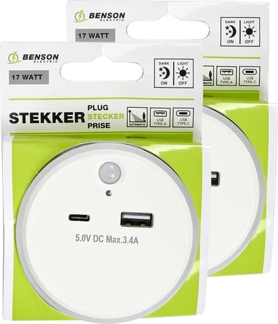 Benson LED nachtlampje - 2x - draadloos - met USB A en C - warm wit - dag/nacht + PIR sensor