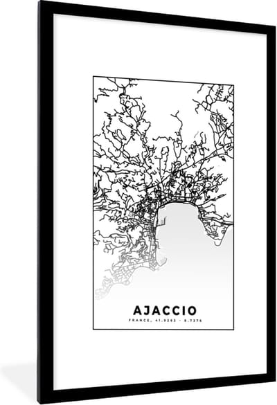 Fotolijst incl. Poster Zwart Wit- Kaart - Stadskaart - Ajaccio - Frankrijk - Plattegrond - Zwart wit - 60x90 cm - Posterlijst