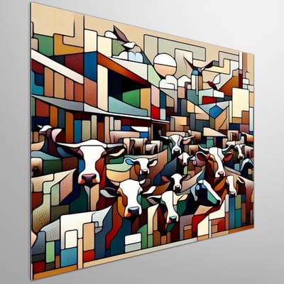 Modern vee schilderij | Abstracte visuele verbeelding van boerderijdieren in hedendaagse setting | Kunst - 50x50 centimeter op Dibond | Foto op Dibond