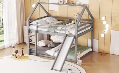 2-Persoons Stapelbed Met Glijbaan - 140x200 cm - Kinder Hoogslaper Met Ladder - Huisjesbed Met Lattenbodem - Grijs - Zonder Matras