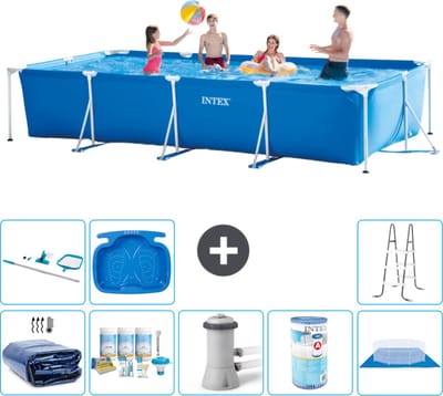 Intex Rechthoekig Frame Zwembad - 450 x 220 x 84 cm - Blauw - Inclusief Solarzeil - Onderhoudspakket - Zwembadfilterpomp - Filter - Grondzeil - Schoonmaakset - Ladder - Voetenbad - 9-delig